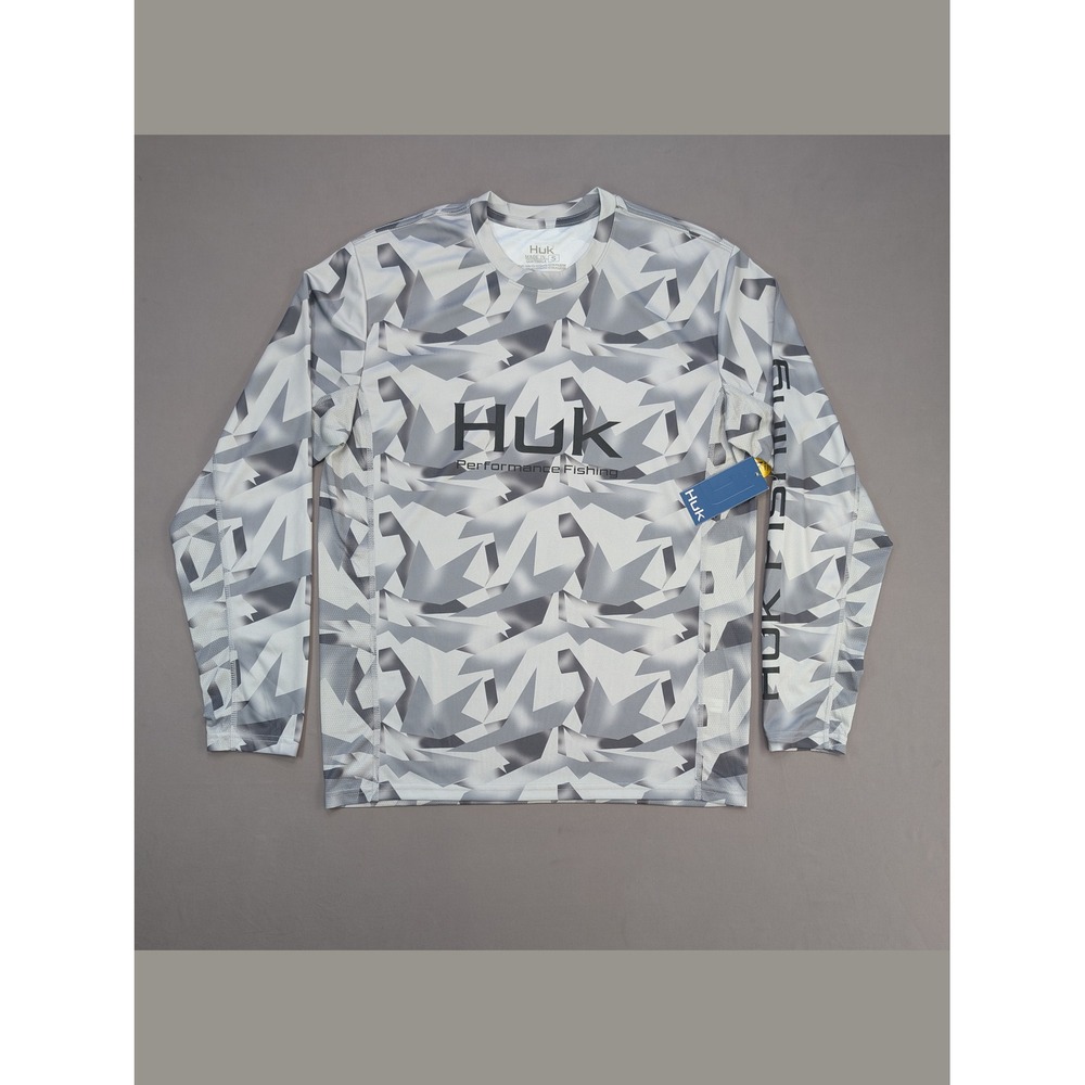 NWT Huk Icon X Geo Spark Fishing Shirt Small UPF 50+ Long Sleeve Gray